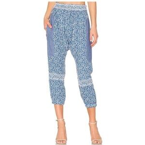 Ulla Johnson Suki Blue Floral Print Chambray High Waist Cropped Harem Pants 2